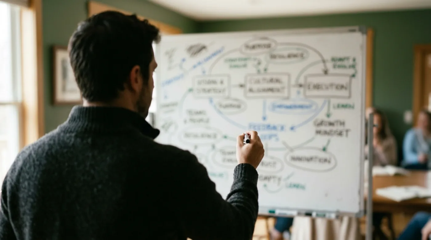 A consultant leading a leadership strategy session at a whiteboard