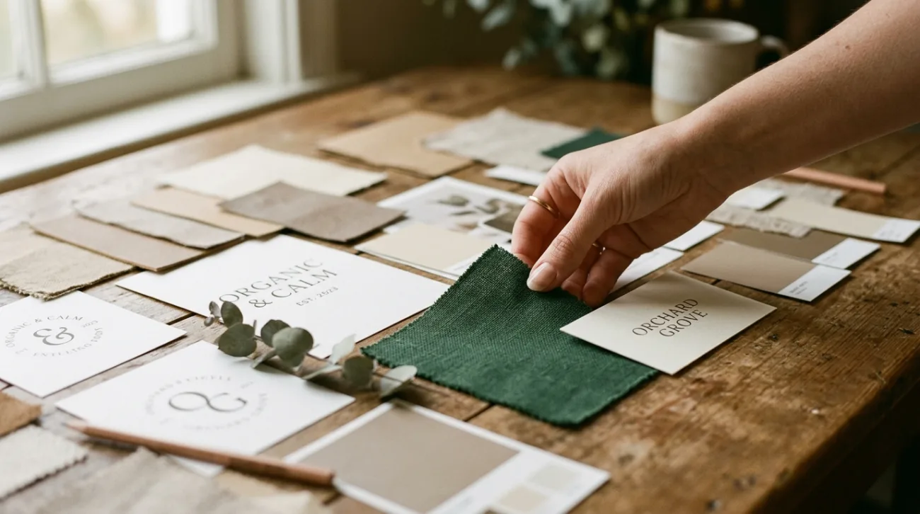 A hand arranging brand mood-board swatches and samples