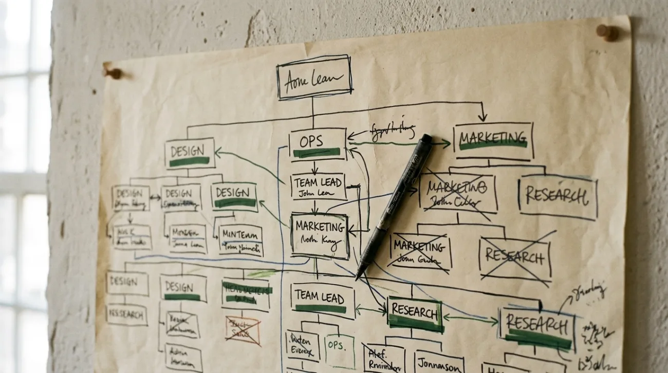 A hand-drawn organizational chart pinned to a wall
